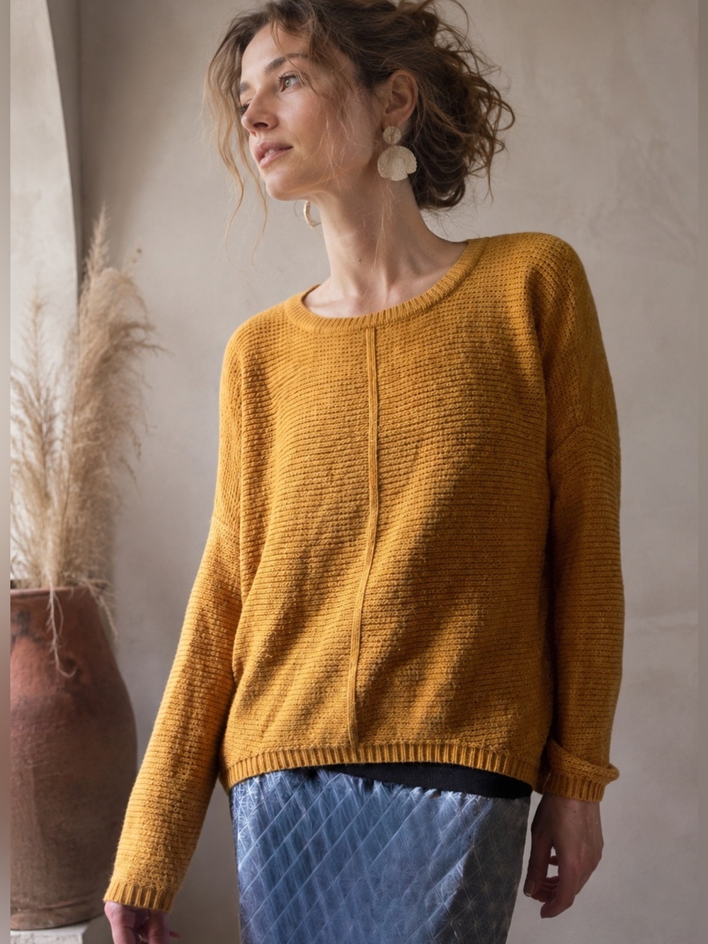 We The Free Mustard Boho Wide Crew Neck Drop Shoulder Sweater